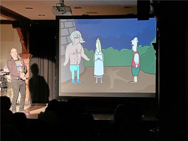 Der Mann, der mit Comicfiguren redet Den Froschkönig kennt man eigentlich, aber bei Piero Masztalerz ist der Prinz schwul und eigentlich in seinen Diener verliebt. Und auch sonst dreht der Cartoonist gerne mal Märchen auf links. Foto: Schlegel