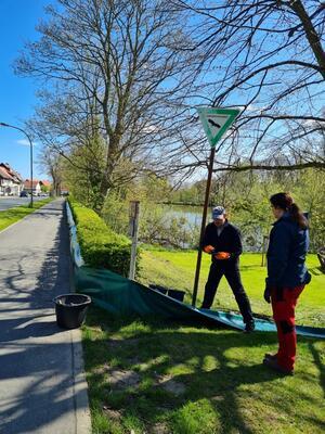 Zwei Helfer bauen einen Krötenzaun auf. 