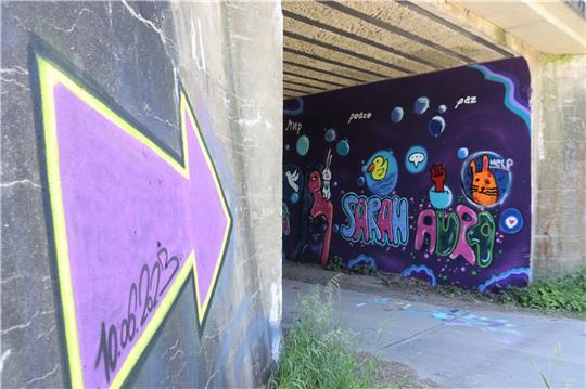 Der Bahntunnel unweit von Neuekrug-Hahausen war vor der Aktion grau, verschmutzt und unansehnlich. Der Pfeil zeigt, wie es auch bunt geht. Fotos: Neddermeier
