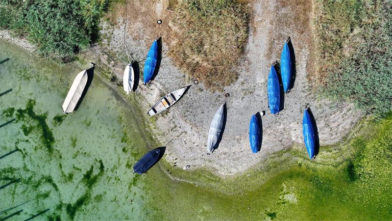 Der Bodensee von oben: Auf der Insel Reichenau liegen die Boote der Berufsfischer an Land.