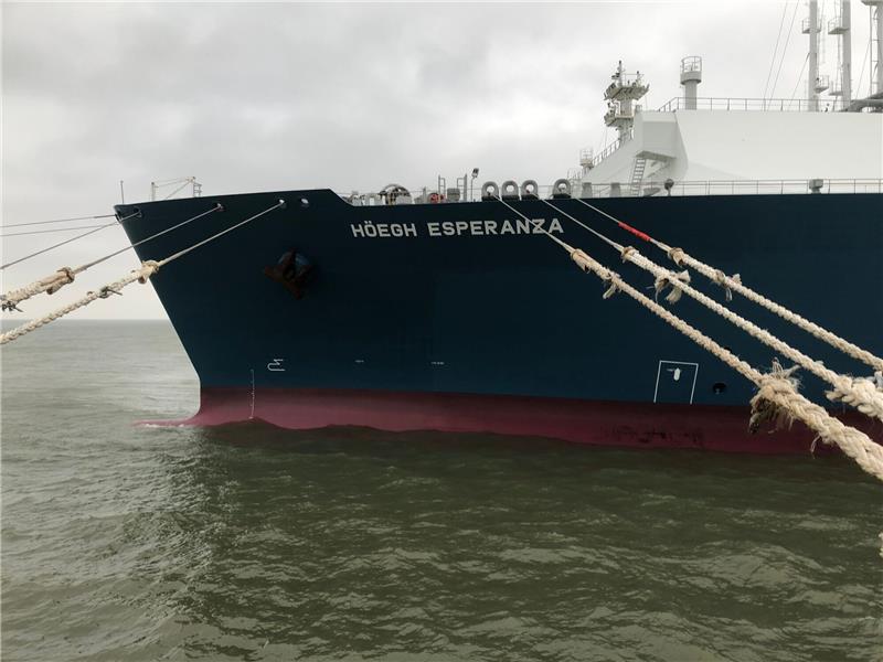 Konzept für weniger Biozid-Einleitung LNG-Terminal vorgelegt Der Bug des LNG-Terminalschiffs «Höegh Esperanza» ist mit Leinen gesichert.