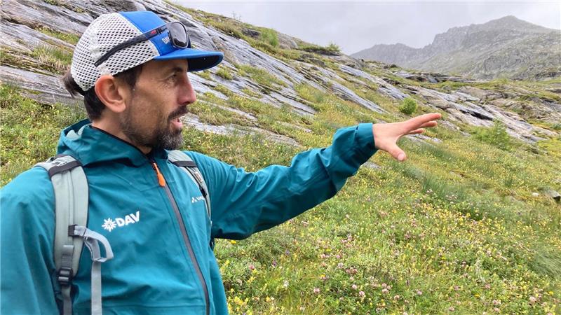Der DAV-Geowissenschaftler Tobias Hipp zeigt auf die Vegetation - hier war früher Gletscher. 