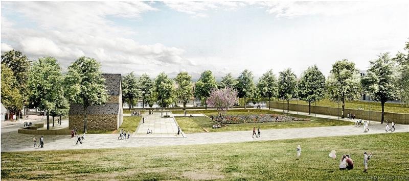 Der Entwurf des Büros Lichtenstein bietet viel offenes Gelände, eine Wildblumenwiese und eine Umrandung durch Bäume und Mauern.