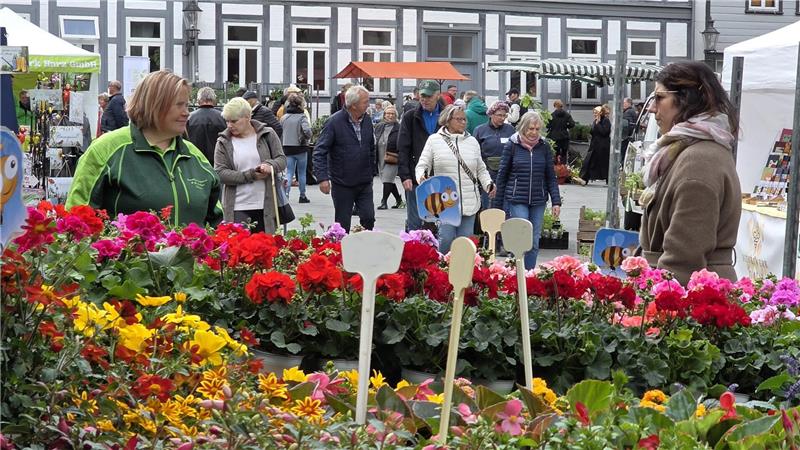 Marktstand mit bunten Blumen und mehreren Menschen vor Fachwerkhäusern auf einem belebten Markt.