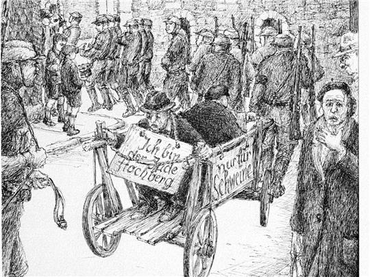 Der Goslarer Künstler Rudolf Sattler vollzieht in einer Federzeichnung mit dem Titel „Marschmusik“ nach, wie die SA am 5. Mai 1933 den jüdischen Kaufmann Selmar Hochberg und den SPD-Unternehmer Wilhelm Söffge auf einem bei Fleischermeister und Nazi-Bürgervorsteher Wilhelm Herlemann geliehenen Viehwagen durch die Stadt zieht. Repro: Schenk