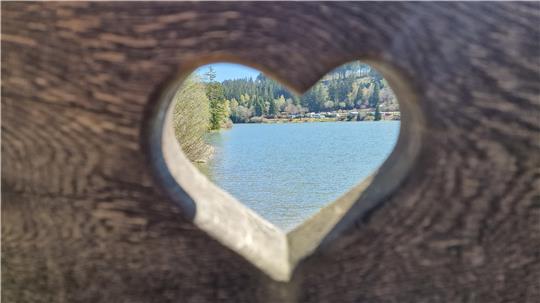Blick durch ein herzförmiges Loch in einem Holzbrett auf einen See mit bewaldetem Ufer