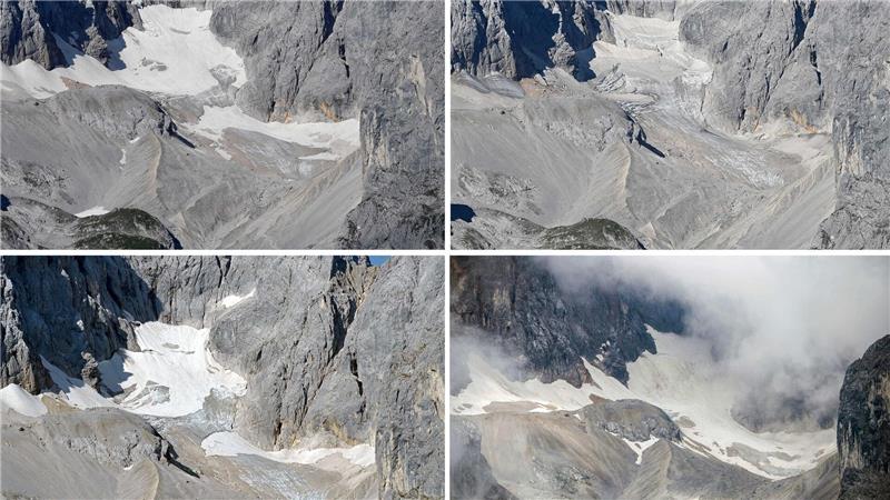 Fotos zeigen, wie der Klimawandel Deutschland verändert Der Höllentalferner in den Jahren 2021 bis 2024 (von links nach rechts in zwei Zeilen).