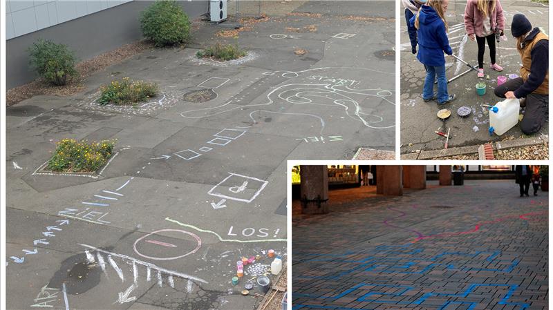 Neue Spielroute bringt Farbe in die Goslarer Innenstadt Der Innenhof des Kulturmarktplatzes bietet reichlich Platz für die Skizzen der Kinder. Ihre Ideen fließen direkt in die neue Gestaltung der Spielroute in der Wohldenbergerstraße ein.