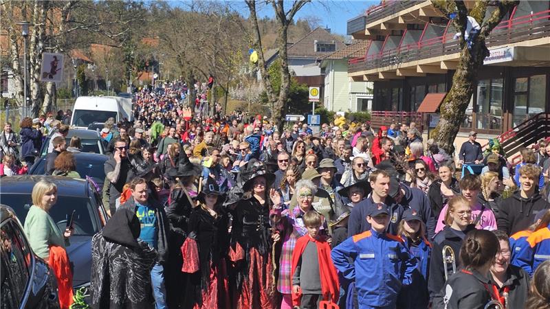 Große Menschenmenge auf einer Straße bei sonnigem Wetter, viele tragen bunte Kostüme, darunter mehrere Personen in Hexenkostümen und einige in blauen Uniformen.