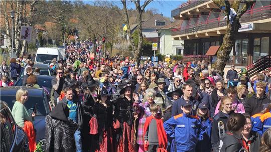 Große Menschenmenge auf einer Straße bei sonnigem Wetter, viele tragen bunte Kostüme, darunter mehrere Personen in Hexenkostümen und einige in blauen Uniformen.