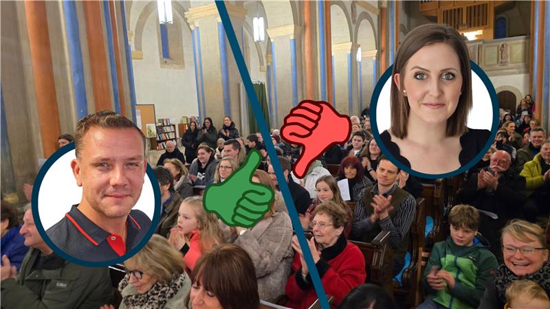 Im Hintergrund ist eine volle Kirche an Heiligabend zu sehen. Im Vordergrund befinden sich Portraitfotos der Autoren Sebastian Sowa und Lisa Kasemir.