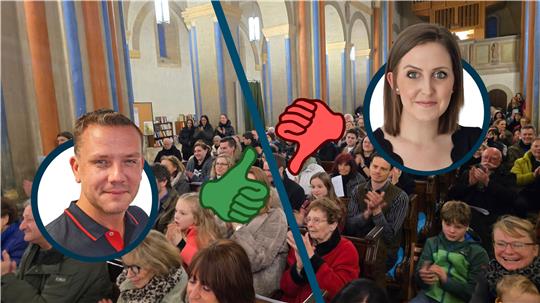 Im Hintergrund ist eine volle Kirche an Heiligabend zu sehen. Im Vordergrund befinden sich Portraitfotos der Autoren Sebastian Sowa und Lisa Kasemir.