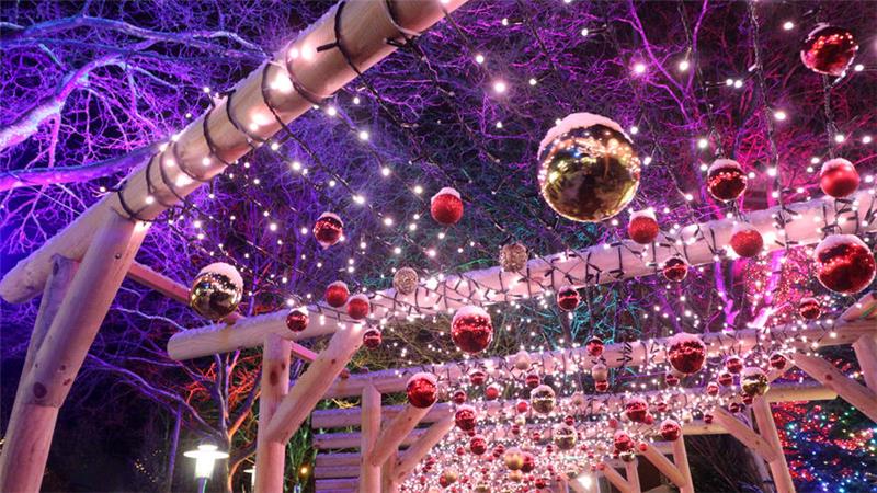 Bunte Weihnachtskugeln hängen an einer Holzkonstruktion unter einem beleuchteten Baum.