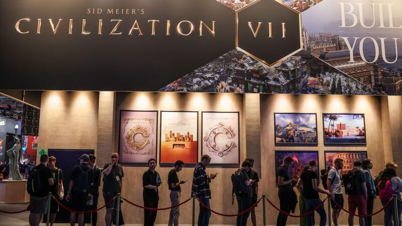 Großer Andrang bei Gamescom - Verband sieht positive Zukunft Der Messestand des Strategiespiels Civilization, das in verschiedenen Ausgaben seit mehr als drei Jahrzehnten auf dem Markt ist.