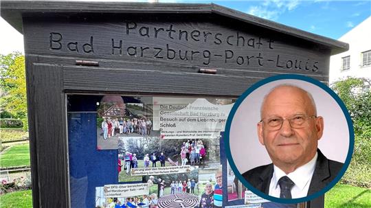 Der Partnerschafts-Schaukasten am Port-Louis-Platz ist von heute auf morgen ein Anachronismus geworden. Rundes Bild: Bürgermeister Daniel Martin. Foto: Ville Port-Louis/Schlegel