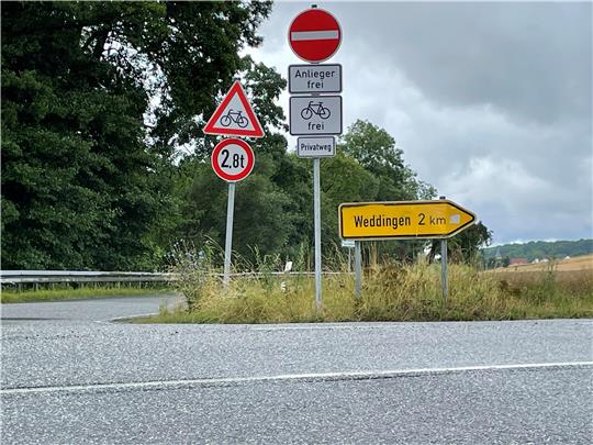 Das Bild zeigt einen Radweg und entsprechende Verkehrsschilder.