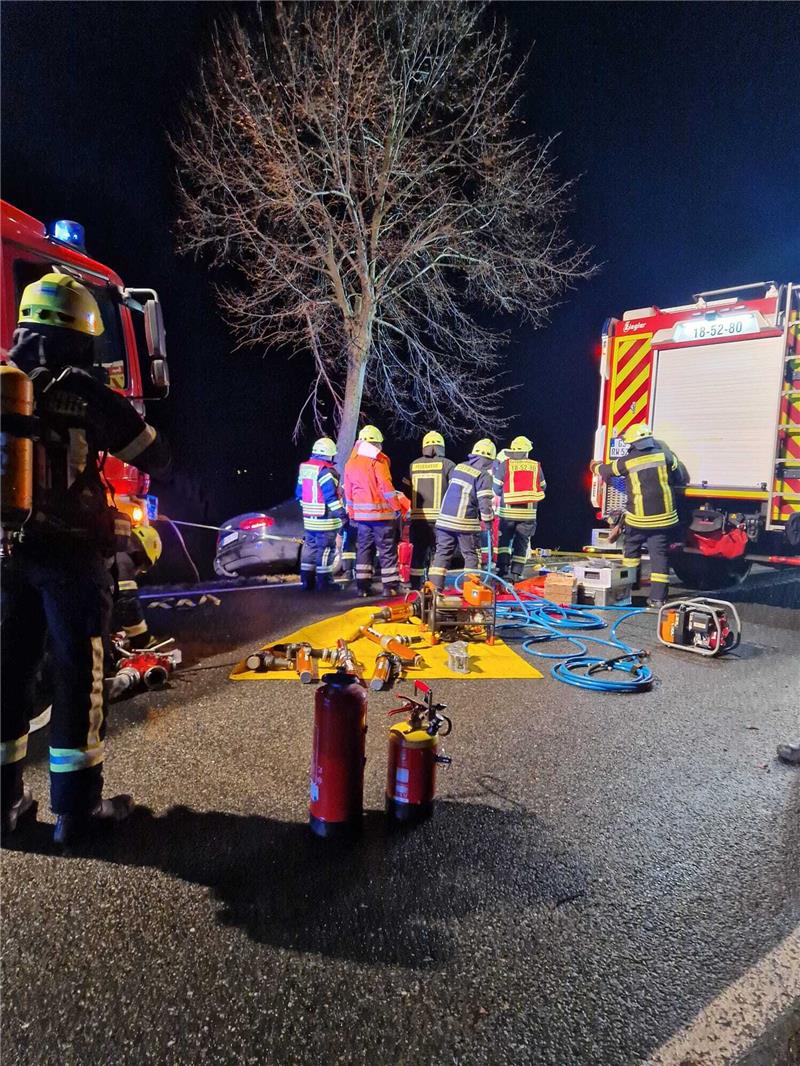 Feuerwehr befreit schwer verletzte Frau aus Unfallwrack Der Rettungsdienst versorgt die Fahrerin. Die Feuerwehr hat das Auto mit Spanngurten gesichert. Foto: Feuerwehr Seesen