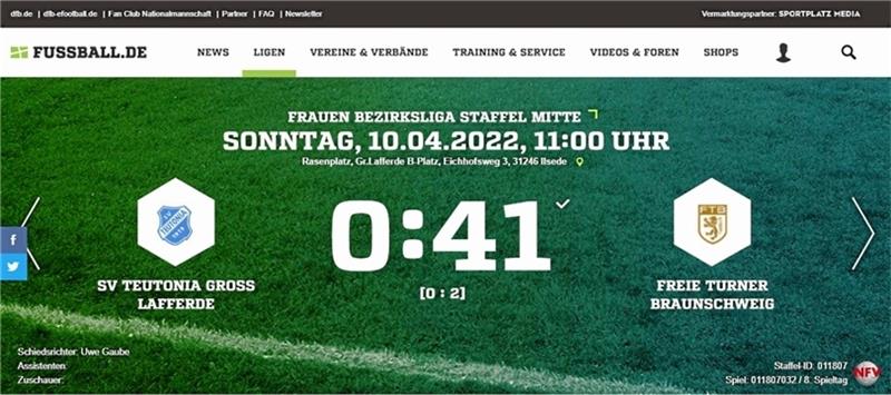 XXL-Landesliga, Bezirksliga-Torrausch und Spielgemeinschaft Der Screenshot zeigt es: Die Fußballerinnen der Freien Turner Braunschweig gewinnen gleich mit 41:0 in Groß Lafferde.