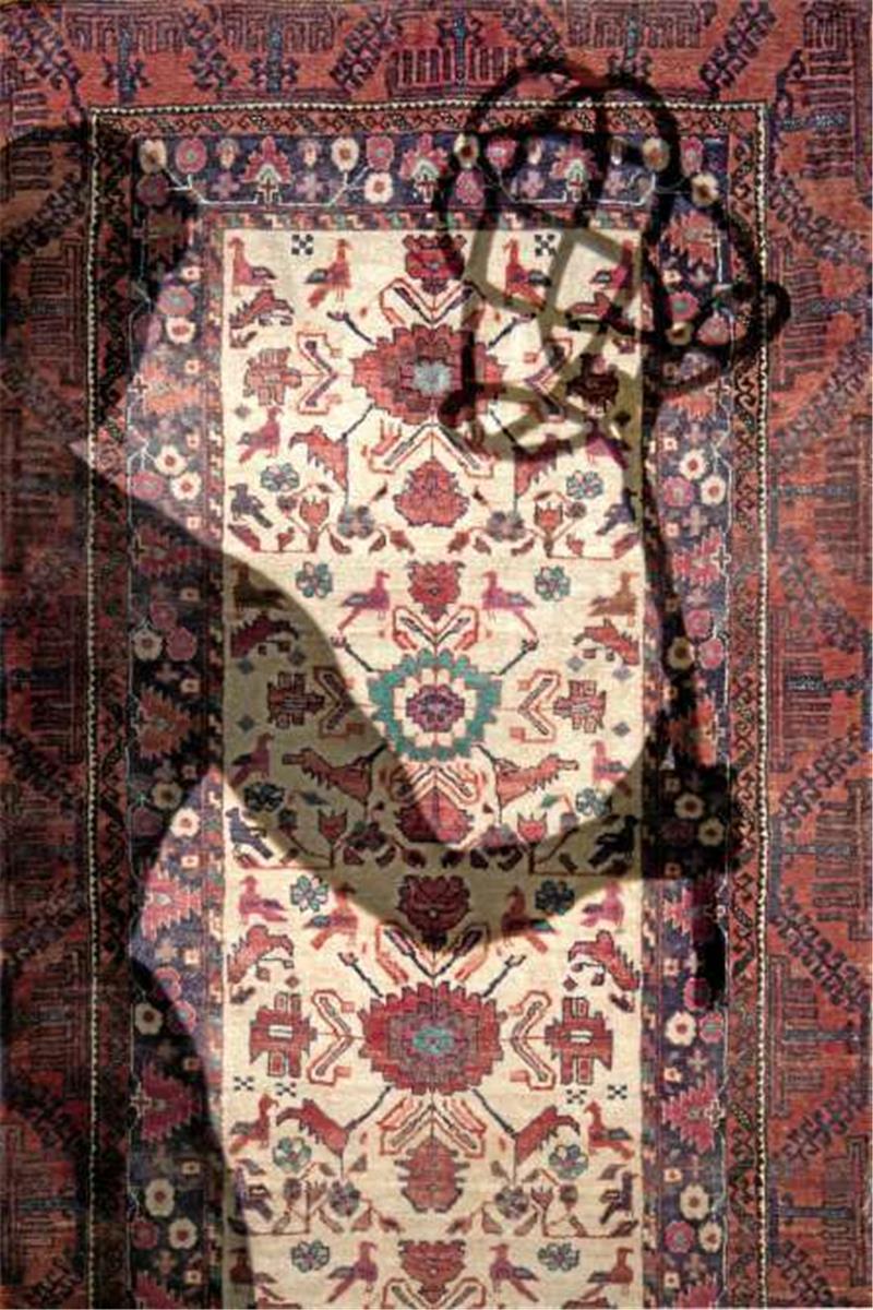 Der Teppich mit Schattenwurf trägt keinen Titel; das Werk von Wiebke Siem (2014), fotografiert von Stefan Alber, ist das Plakatmotiv der Ausstellung.