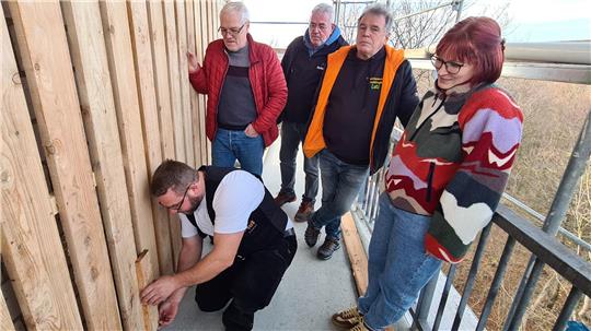 Der Vorstand der IG-Harlyturm begutachtet das Werk von René Zientek, der in luftiger Höhe die künftige Hinterlüftung der Lärchenfassade des Harlyturms erklärt. Mit dabei sind Ulrich Janiec, Norbert Brunke, Lutz Schröder und Kristin Eitler.