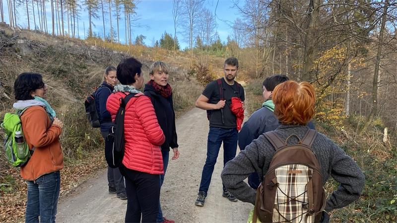 Eine Gruppe Wanderer hat auf einem Waldweg innegehalten. Die Menschen sprechen miteinander, im Hintergrund sieht man einige kahle Bäume. 