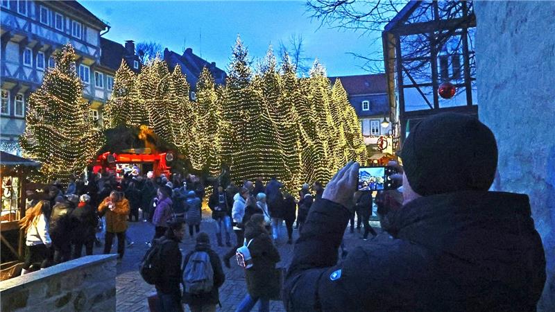 Weihnachtsmarkt mit mehreren beleuchteten Tannenbäumen und vielen Besuchern auf einem gepflasterten Platz in der Dämmerung.