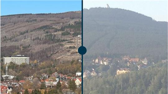 Der Wurmberg im Foto-Vergleich. Weiter unten im Artikel können Sie das interaktive Tool selbst ausprobieren. Fotos: Eggers