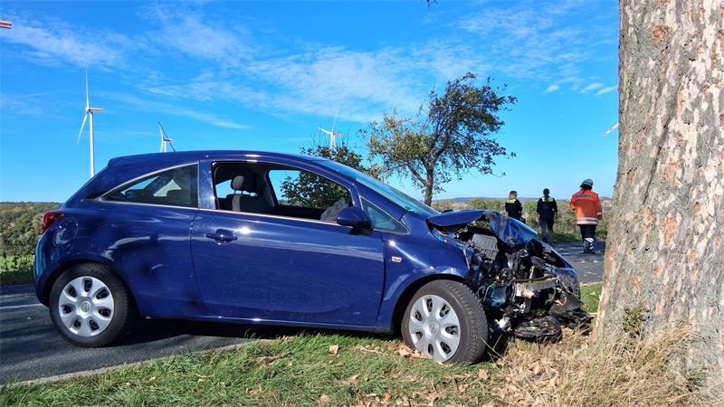 Auf dem Bild ist ein stark beschädigter blauer Kleinwagen zu sehen, der frontal gegen einen Baum gefahren ist. Die Frontpartie ist massiv deformiert und teilweise aufgerissen. Im Hintergrund stehen mehrere Einsatzkräfte, darunter Personen in Feuerwehrschutzkleidung. Im weiteren Umfeld sind Felder, ein kleiner Ort und mehrere Windkraftanlagen zu erkennen.