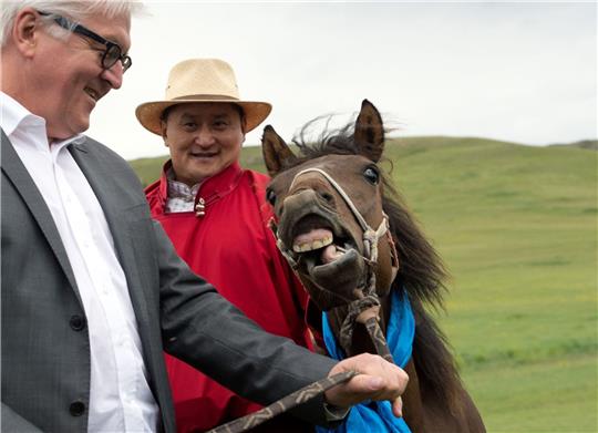 Der damalige Bundesaußenminister Frank-Walter Steinmeier (l) hat bei seiner Reise in die Mongolei im Jahr 2014 ein Pferd namens «Donnernde Hufe» geschenkt bekommen (Archivbild).