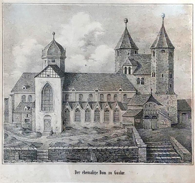 Warum der Goslarer Dom auch wirklich ein Dom war Schwarz-weiße Linienzeichnung des ehemaligen Doms zu Goslar mit mehreren Türmen und gotischen Fenstern