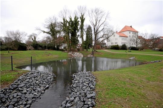 Der kleine See im Amtsgerichtspark, der nach der Teilverfüllung des Kraters übrig bleibt, wird die Seesener immer an den Erdfall vom Juni 2022 erinnern. Foto: Gereke