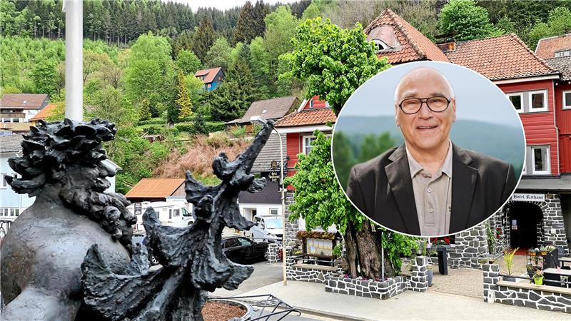 Der langjährige Wildemanner Ortsbürgermeister Arno Schmidt will bei der Kommunalwahl 2026 nicht mehr antreten. Das Foto zeigt den „Wilden Mann“ in Wildemann und in einem runden Bild eingeklinkt Arno Schmidt.