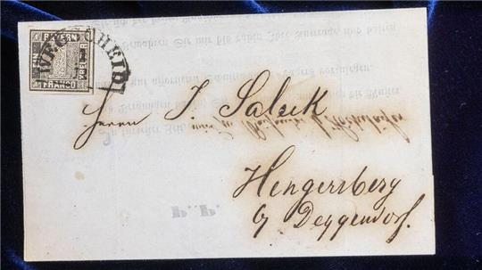 Der laut Auktionshaus einzige bekannte vollständige Ersttagsbrief der ersten Briefmarke in Deutschland. Er wurde für 440.000 Euro versteigert.