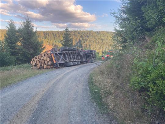 Der mit Holz beladene 40-Tonner liegt auf der Seite. Foto: Polizeikommissariat Oberharz