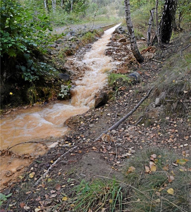 Der mit Kalkmilch versetzte braune Strom an belastetem Grubenwasser fließt erst über eine Betonrinne, dann weiter frei wie ein Bachlauf in den Absetzteich am Bollrich.  Foto: Kleine