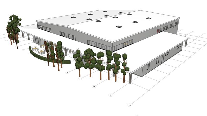 „Die volle Bandbreite“– Nutzung der Westharz-Halle in Langelsheim Der neue Entwurf der Halle zeigt die Frontansicht. In der Mitte kann die Westharz-Halle geteilt werden, sodass zwei Veranstaltungen parallel möglich sind.