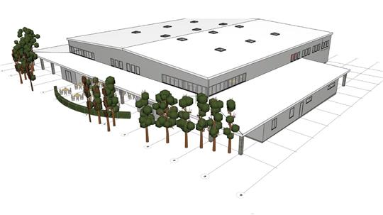 Der neue Entwurf der Halle zeigt die Frontansicht. In der Mitte kann die Westharz-Halle geteilt werden, sodass zwei Veranstaltungen parallel möglich sind.