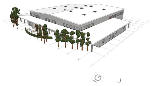 Die Zeichnung zeigt einen Entwurf für die geplante Westharz-Halle in Langelsheim. Zu sehen sind ein flacher Vorbau, dahinter eine Halle mit ganz leicht geneigtem Dach.