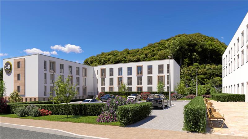 Jetzt geht’s los: Spatenstich für neues Bad Harzburger Hotel Der neue Hotelkomplex in einer Visualisierung von der Kurhausstraße aus gesehen. Links das „B&B“-Hotel, das im Oktober 2026 eröffnen soll, rechts das mögliche zweite Hotel.