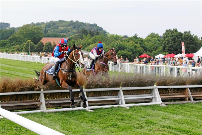 Der tschechische Gast Bitcoin (links im Bild unter Josef Bartos) gewinnt das Listenrennen auf der Hürdenbahn. Rechts im Bild später ausgeschiedene Pop Rockstar.