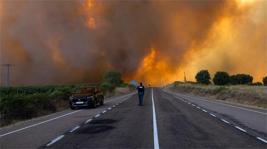 Dichter Rauch ist während eines Waldbrandes am Rande einer Landstraße bei Fermoselle in Spanien zu sehen.