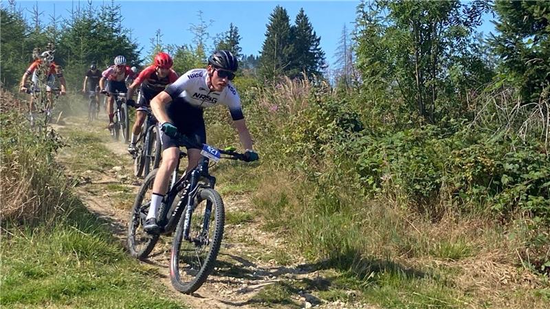 Gruppe von Mountainbikern fährt einen schmalen, unbefestigten Waldweg bergab