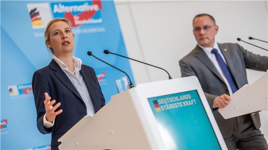 Die AfD von Alice Weidel und Tino Chrupalla hat in jüngsten Umfragen klar die Nase vorn. (Archivbild)