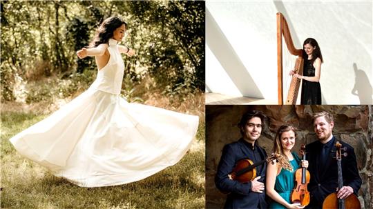 Die Akteure des diesjährigen Steinway-Festivals: Pianistin Serra Tavsanli (l.), Harfinistin Margret Köll und das Streichtrio Trio d´Iroise mit François Lefèvre, Sophie Pantzier und Caspar Wedell. Fotos: Privat/Armin Linke/Magnus Maas