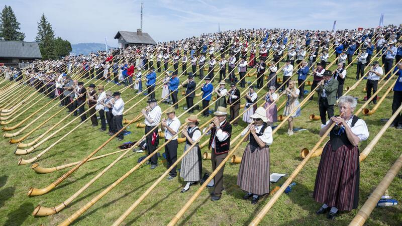 Mehr als 1000 Alphörner für Weltrekord auf Schweizer Wiese Die Alphornbläserinnen und -bläser standen dicht an dicht an einem Hang.