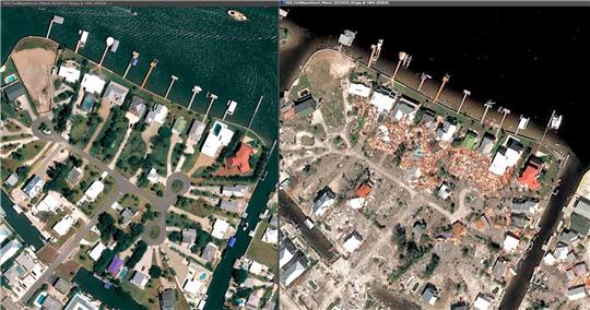 Die Aufnahme zeigt Fort Myers Beach im April und die Zerstörung nach dem Hurrikan «Ian» im September 2022.