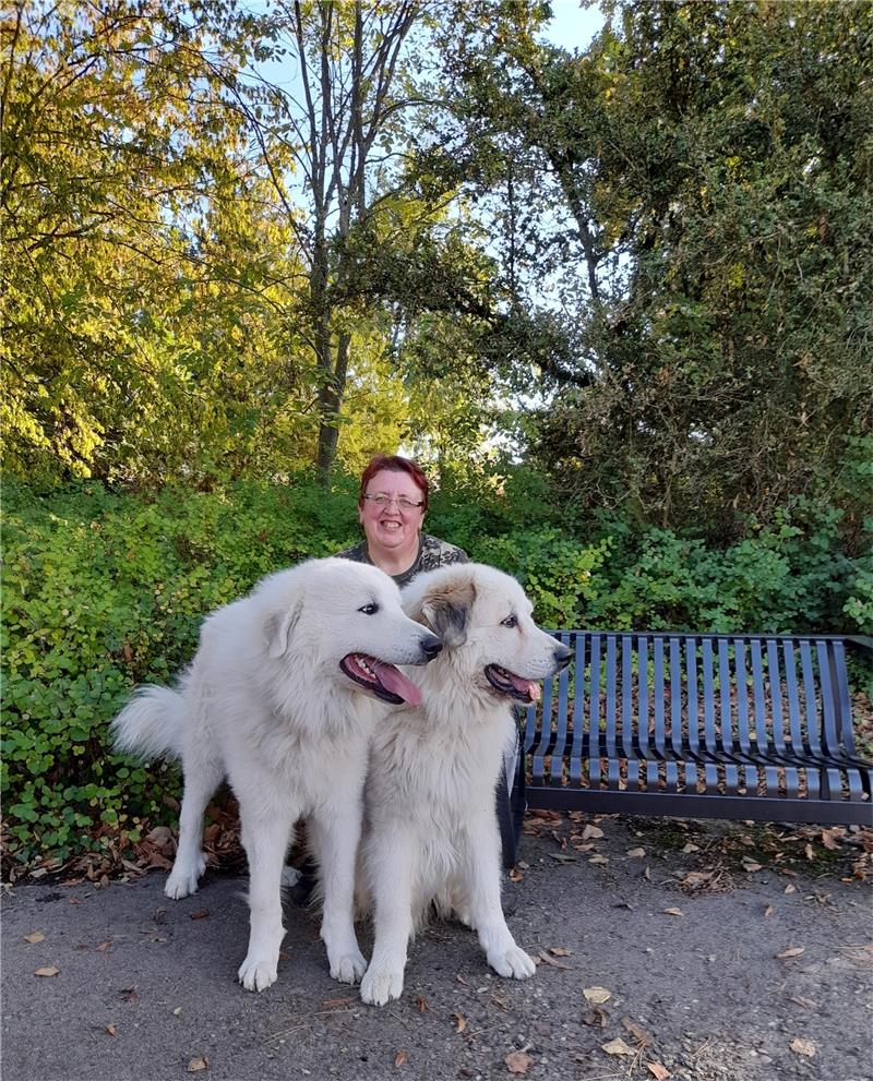 Besondere Ehre für zwei besondere Hunde aus Bad Harzburg Die Bad Harzburgerin Petra Hieke mit ihren beiden Pyrenäenhunden Boomer und Carlo kurz nach der Ankunft im französischen Argelès-Gazost. Foto: Privat
