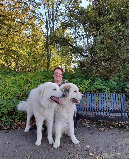 Die Bad Harzburgerin Petra Hieke mit ihren beiden Pyrenäenhunden Boomer und Carlo kurz nach der Ankunft im französischen Argelès-Gazost. Foto: Privat