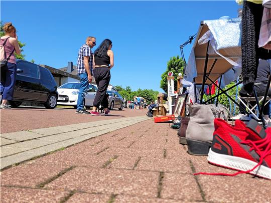 Die Besucherzahlen an den 84 über ganz Schlewecke verteilten Flohmarkständen – hier in der Bettina-von-Arnim-Straße – bleibt am Sonntag unter den Erwartungen der Organisatoren. Die meisten Verkäufer lassen sich die Stimmung davon allerdings nicht kaputtmachen. Foto: Exner