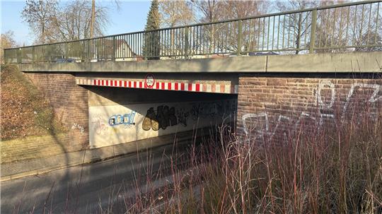 Straßenunterführung mit niedriger Durchfahrtshöhe von 1,75 Metern, umgeben von Büschen und Bäumen, mit Graffiti an den Wänden